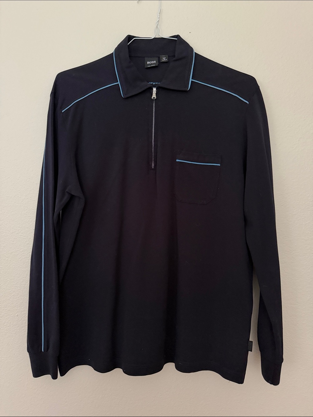 Hugo BOSS Black Long-Sleeve Polo with Light Blue Piping large